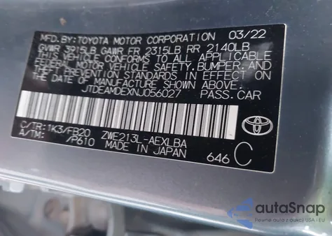 2022 Toyota Corolla Hybrid Le from USA, damaged, VIN JTDEAMDEXNJ056027